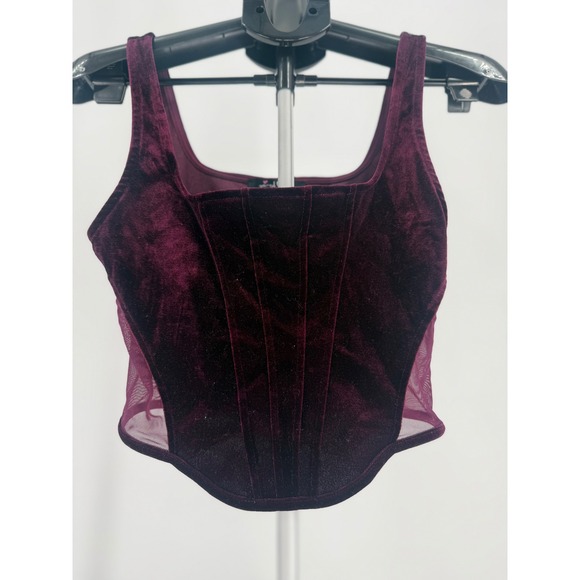 Mixed Threads Tops - Burgundy Velvet Corset Top Mesh Panel Bustier Crop Tank Y2K Clubwear Soft